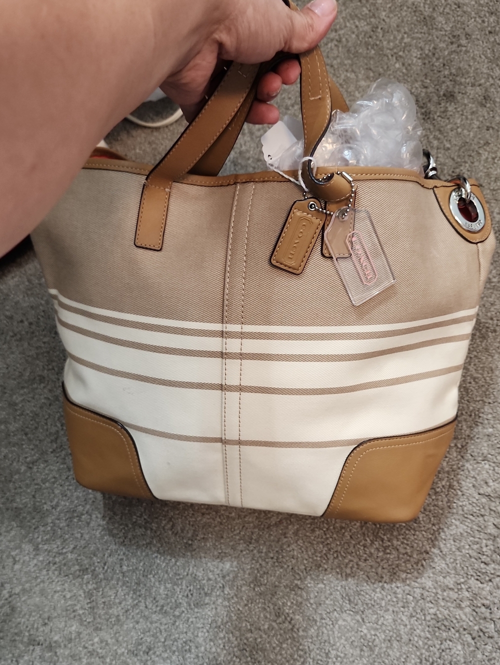 Coach Beige and Tan Striped Canvas Tote with Leather Trim